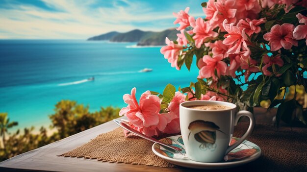 una taza de café caliente contra el telón de fondo de una hermosa puesta de sol y el mar