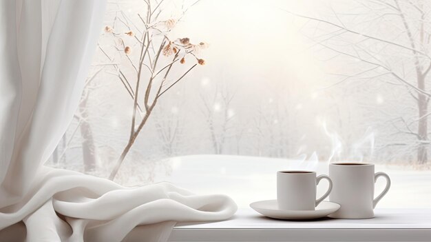 Taza de café caliente con cuadros en una ventana de vidrio en una casa cálida y acogedora con un hermoso paisaje de nieve cayendo afuera creado con tecnología Generative Al