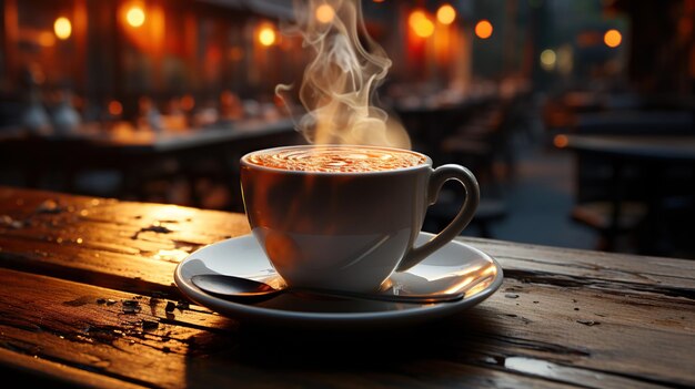Foto una taza de café caliente emite humo fino sobre una mesa de madera con una lujosa cafetería al fondo