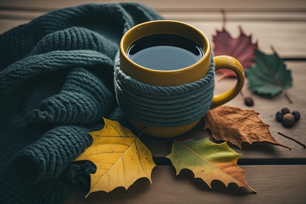 Taza de café caliente con follaje de otoño en una mesa de madera IA generativa