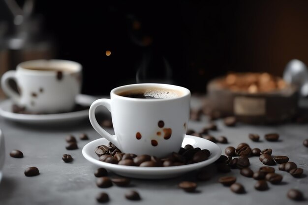 Taza de café caliente y fondo dinámico de granos de café.