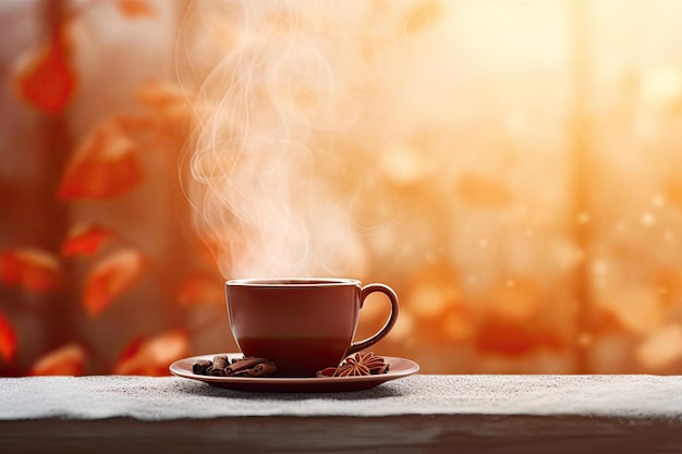 Taza de café caliente con frijoles y humo en la mesa de madera telón de fondo invierno telón de fundo Bokeh Navidad