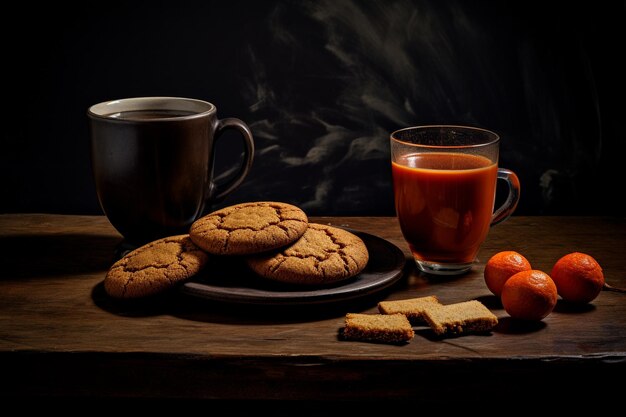 Taza de café caliente con galletas y mandarinas en la mesa de madera