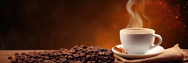 Taza de café caliente con granos de café en fondo marrón Largos banners de fotos para el espacio de copia del sitio web