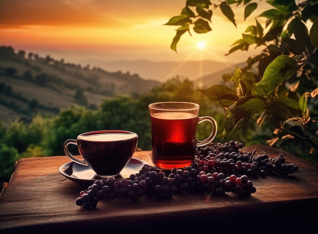 Taza de café caliente con granos de café orgánico en la mesa de madera y el fondo de las plantaciones con espacio de copia Creado con tecnología de IA generativa