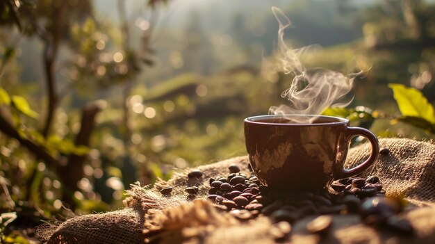 Taza de café caliente con granos de café orgánicos en la mesa de madera y el fondo de las plantaciones con