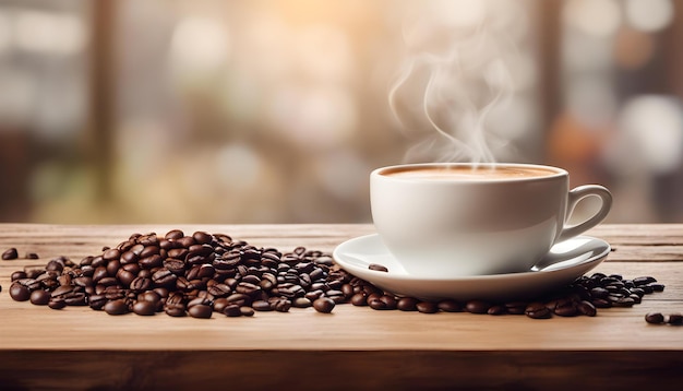 Taza de café caliente y granos de café rumiando en la mesa de madera