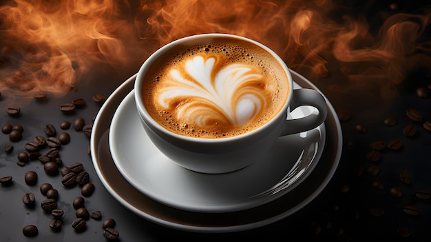 Foto una taza de café caliente con granos de café sobre un fondo negro