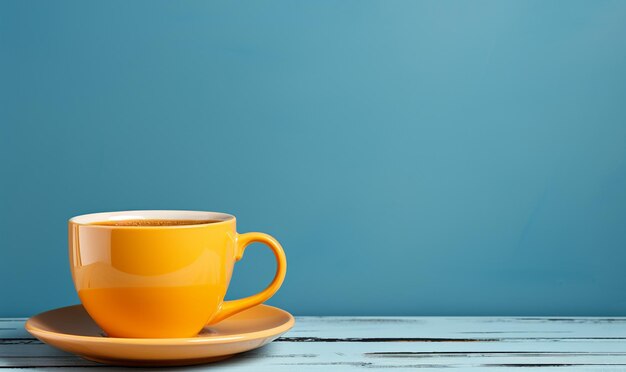 Taza de café caliente humeante contra un fondo azul pastel colores retro brillantes con espacio para copiar
