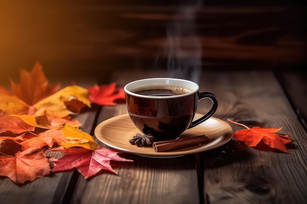 taza de café caliente y humeante sobre el fondo de las hojas de otoño