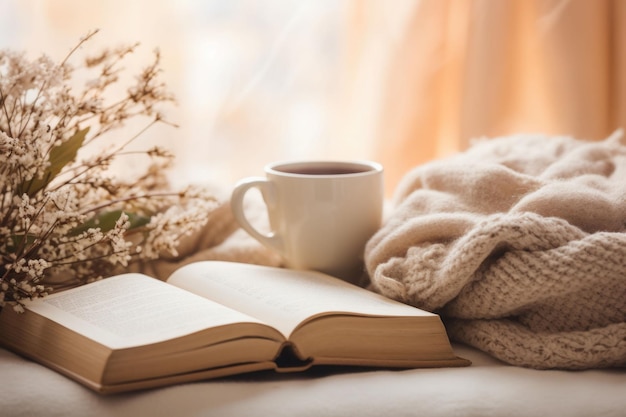 Taza de café caliente y libro abierto rodeado por una manta esponjosa en la cama en un frío día de invierno Concepto de relajación e higiene Ilustración generativa de IA