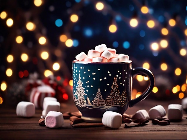 Taza de café caliente con malvaviscos trasfondo del concepto de Navidad