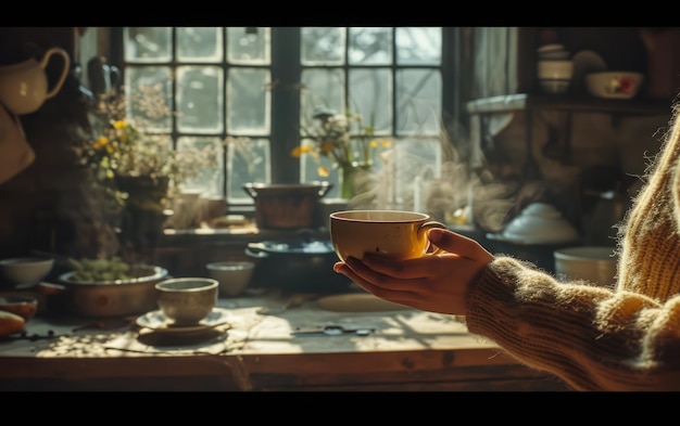 Una taza de café caliente en manos acogedoras