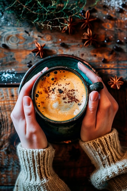 taza de café caliente en las manos enfoque selectivo