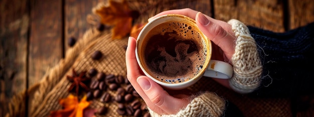 taza de café caliente en las manos enfoque selectivo