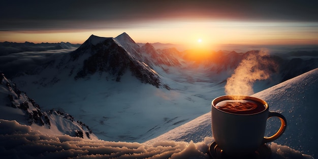 taza de café caliente en medio de las montañas nevadas