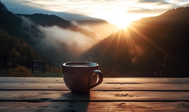 Taza con café caliente en una mesa de madera contra el fondo del amanecer y las montañas generativa de IA