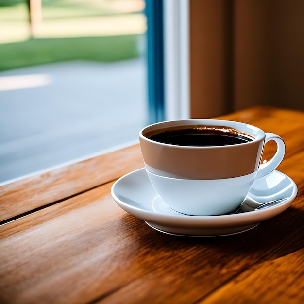 Una taza de café caliente en una mesa de madera