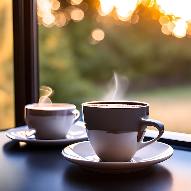 Una taza de café caliente en una mesa de madera