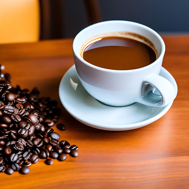 Una taza de café caliente en una mesa de madera