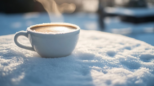 una taza de café caliente en una mesa en la nieve