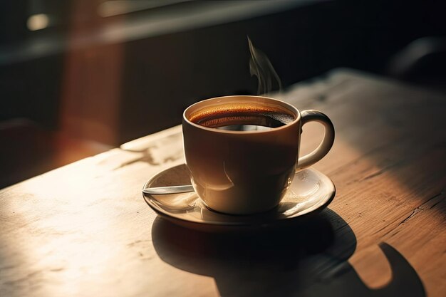 Taza de café caliente en la mesa tiempo de acampada