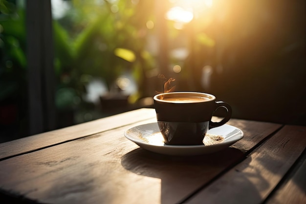 Taza de café caliente en la mesa tiempo de acampada