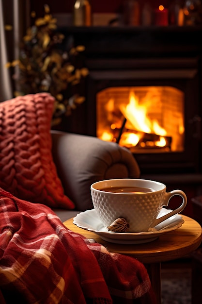 taza de café caliente o té en una mesa cerca de la chimenea