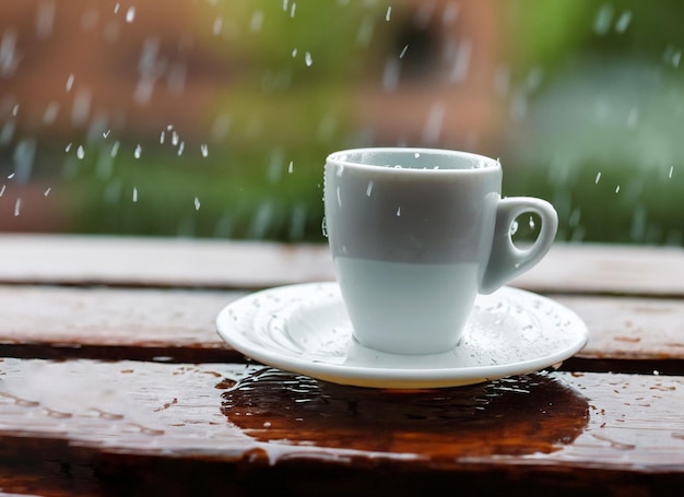 Una taza de café caliente en un plato blanco sobre una mesa de madera con espacio en un día lluvioso