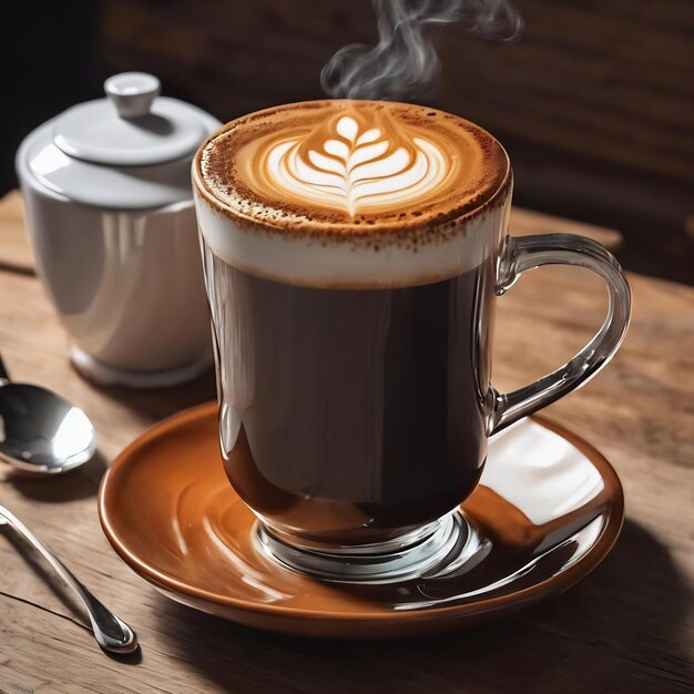 Taza de café caliente puesta en una mesa de madera