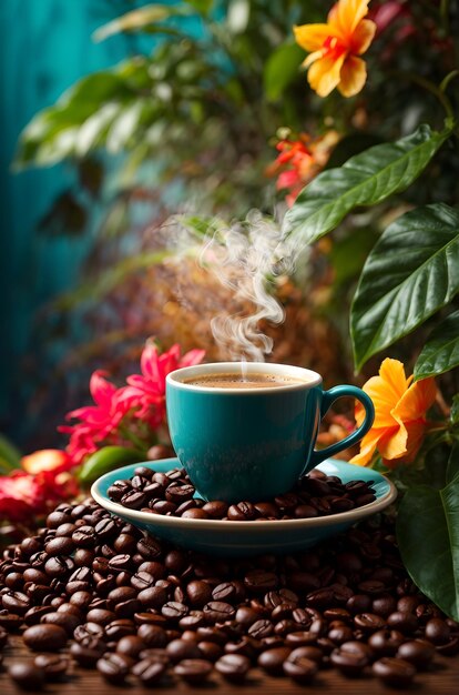 una taza de café caliente rodeada de granos de café tostados y hojas frescas