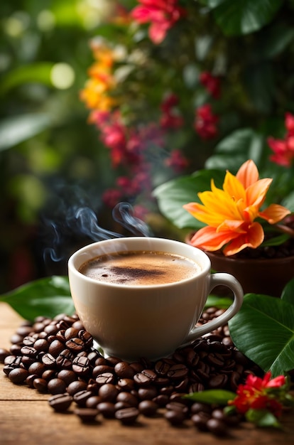 una taza de café caliente rodeada de granos de café tostados y hojas frescas