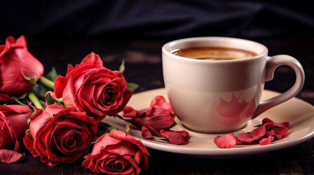 Una taza de café caliente con rosas rosas en el lado