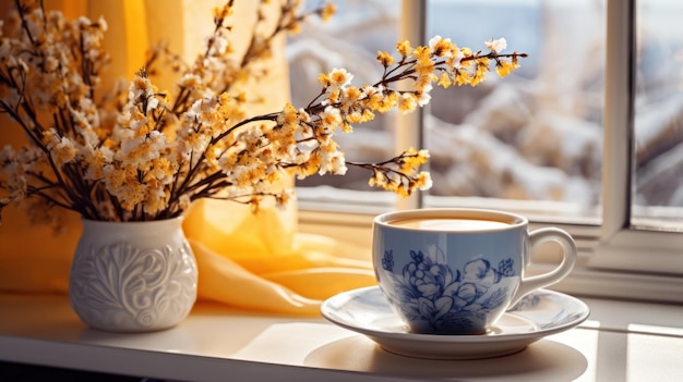 taza de café caliente sentado en el alféizar de la ventana