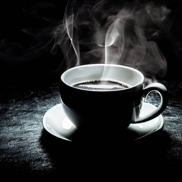 Foto taza de café caliente sobre un fondo negro oscuro