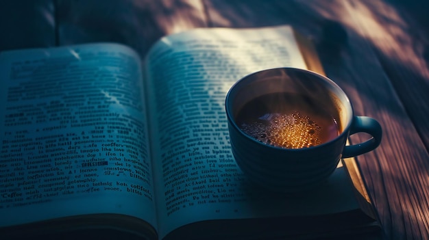 Taza de café caliente sobre un libro abierto con texto