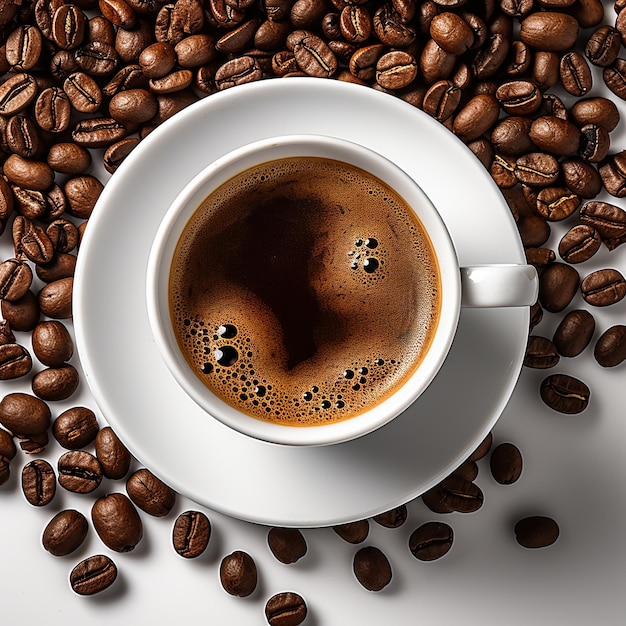 taza de café caliente sobre una mesa blanca con unos granos de café a su alrededor