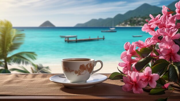 una taza de café caliente con el telón de fondo de una hermosa puesta de sol y el mar