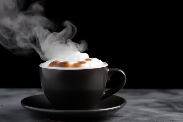 una taza de café caliente con vapor saliendo de ella.