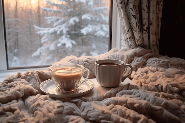 Taza de café cama de invierno pareja Generar Ai