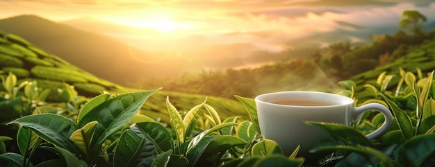Una taza de café en un campo verde y exuberante