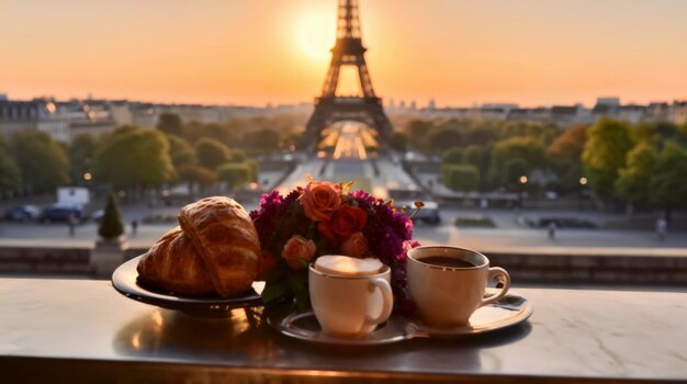 Foto una taza de café y una canasta de flores con en parís