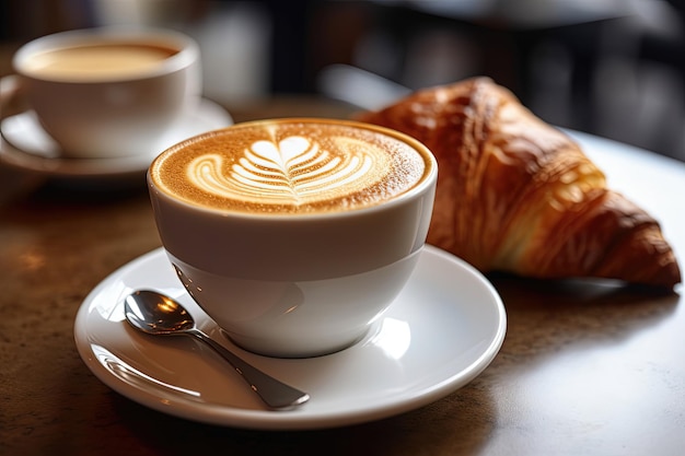 Una taza de café capuchino caliente en un café con un croissant
