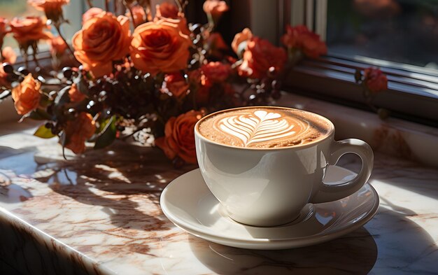 una taza de café capuchino se encuentra junto a una encimera de mármol