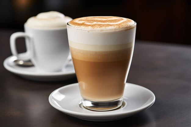 una taza de café con un capuchino espumoso en un platillo