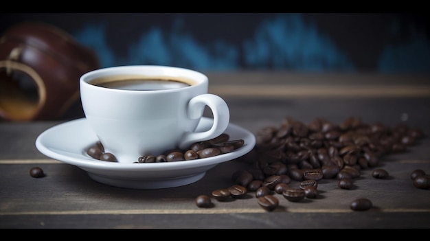 Taza de café capuchino con frijoles en una mesa de madera rústica