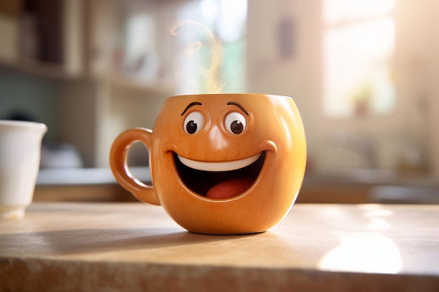 Taza de café con cara sonriente en el primer plano de la mesa