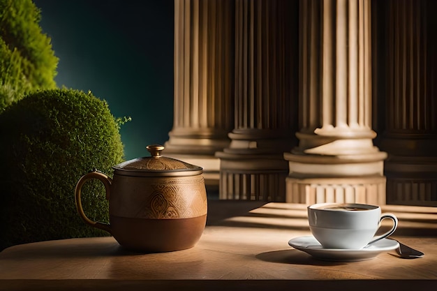 Foto taza de café en un castillo francés presentación de marca de café elegante