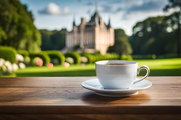 taza de café en un castillo francés presentación de marca de café elegante