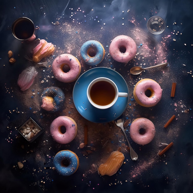 Una taza con café en el centro y donuts en glaseado de caramelo rosa y azul vista desde arriba